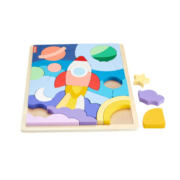 Fisher-Price Wooden Space Blocks Puzzle For Preschool Kids, 42 Wood Pieces
