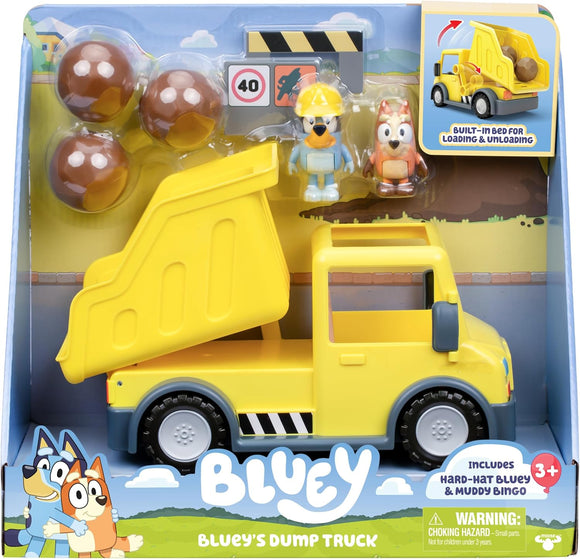 Bluey : Bluey’s Dump Truck with Hard Hat Bluey and Muddy Bingo Figures