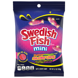 Swedish Fish : Strawberry Watermelon Mini Glowups Candy -  Peg Bag 6.7oz (Glows under Black Light From Edible Tumeric Confetti) [BB 02/14/26]