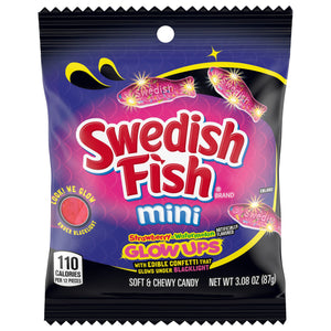 Swedish Fish : Strawberry Watermelon Mini Glowups Candy -  Peg Bag 3.8oz (Glows under Black Light From Edible Tumeric Confetti) [BB 02/12/26]