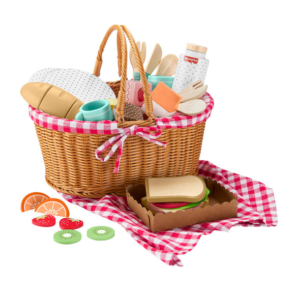 Fisher-Price : Wooden Picnic Basket & Food - Pretend Play Set For Preschool Kids, 31 Wood Pieces