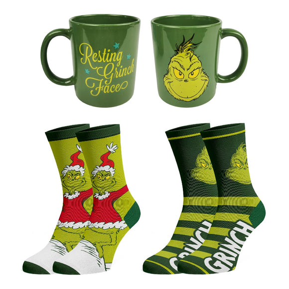 The Grinch : Casual Crew Sock 2 Pack With 14oz Mug Combo