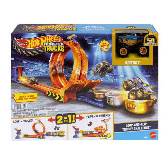 Hot Wheels Monster Trucks Loop-And-Flip Trophy Challenge Playset & Die-Cast Bigfoot 50th Anniversary Toy Truck