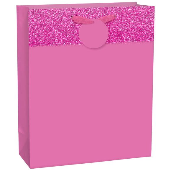 Matte Gift Bag w/ Glitter Band - Bright Pink, with hangtag